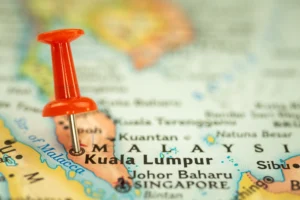 Map showing Kuala Lumpur in Malaysia as the starting point for traveling to Gili Trawangan in Indonesia