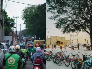 Collage of/grid of busy traffic in Canggu Bali versus a peaceful beach in Gili Trawangan Lombok.