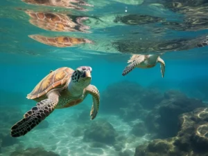 A sea turtle swimming in crystal clear turquoise water during a snorkeling trip in Gili Trawangan.