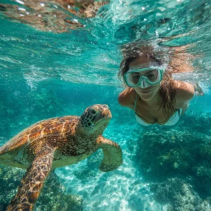 Woman snorkeling with a sea turtle in the clear waters off Gili Trawangan